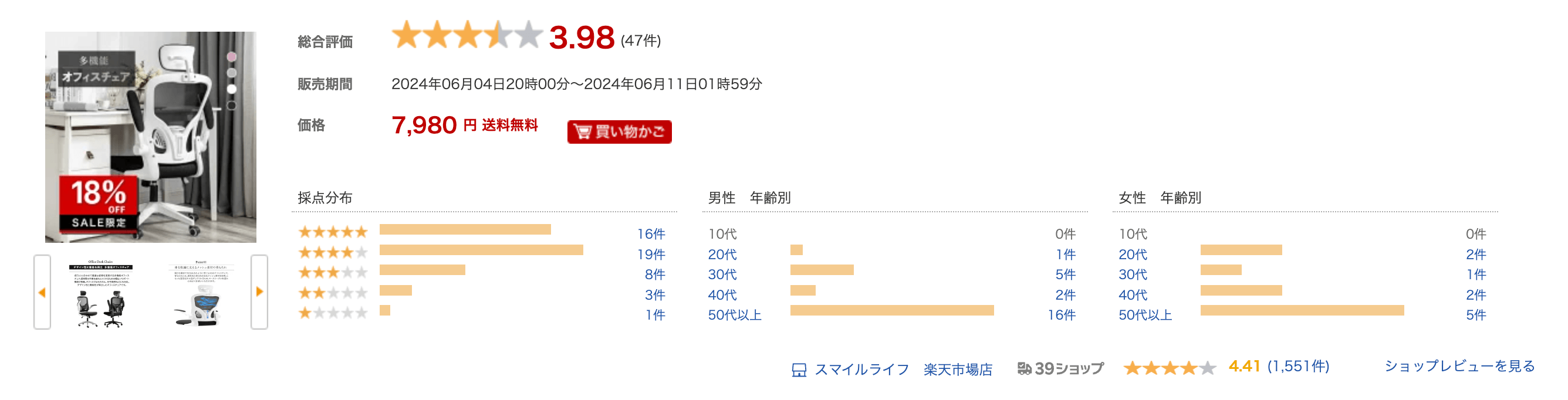 白いフレームのオフィスチェア、黒のメッシュの背もたれとヘッドレスト付き。18%オフのセール中。