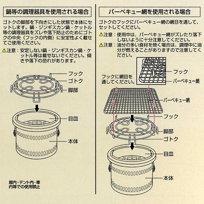 七輪にごとくや網を正しく設置する方法の説明図