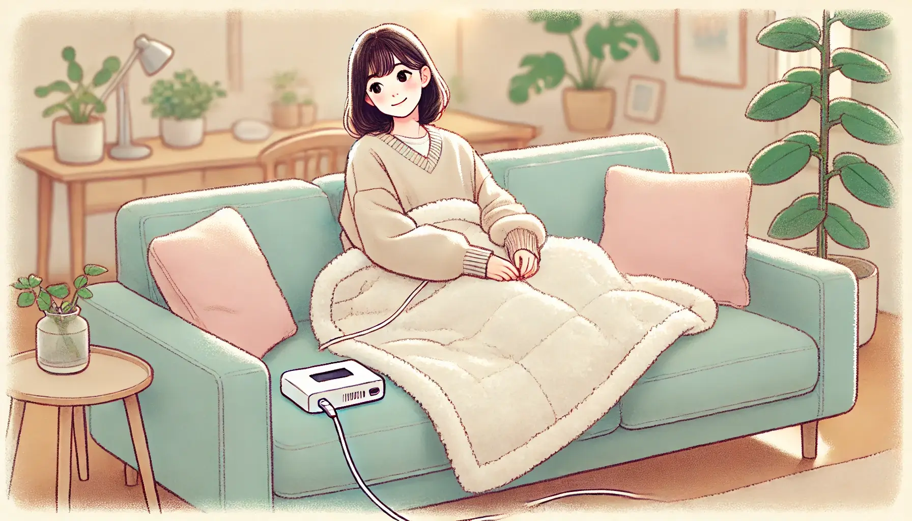 女性がソファに座って電気毛布で温まっているイラスト